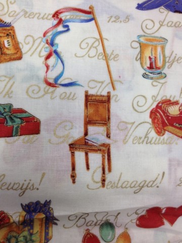 Mooie katoen met feestelijke teksten. Geschikt voor quilt, patchwork, kaarten, scrapbook enz